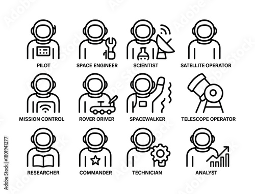 Vector Icons of space professions including pilot, scientist, technician, researcher, commander