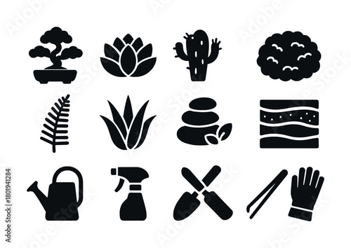 Vector Gardening silhouettes: plants, tools, and nature elements collection