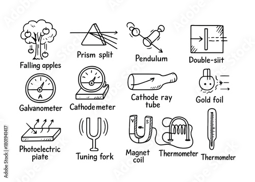 Vector Illustrations of physics concepts: falling apples, prism split, pendulum, and more