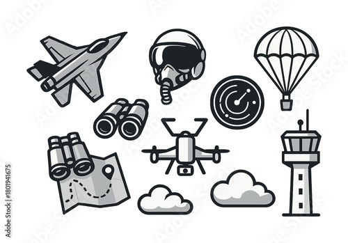 Vector Aviation icons set with jet, parachute, helmet, and control tower elements