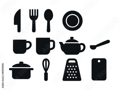 Vector Icon set of kitchen utensils including teapot, fork, knife, and grater