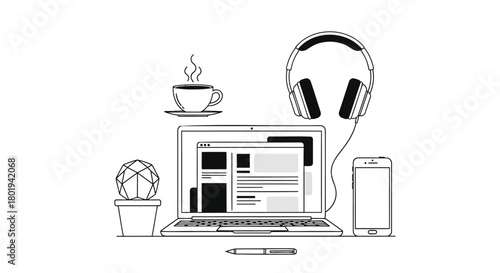 Hand drawn sketch of a modern desk setup with laptop headphones coffee cactus and pen