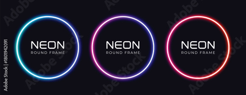 Three glowing neon oval frames with the word neon inside each in blue pink and red on a dark background