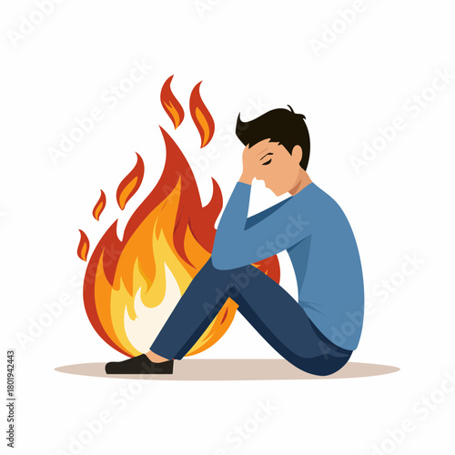 frustrated man. unsolved problem, stressful crisis, bankruptcy mistake, burning fire, mental health, help support concept