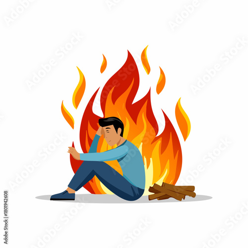 frustrated man. unsolved problem, stressful crisis, bankruptcy mistake, burning fire, mental health, help support concept