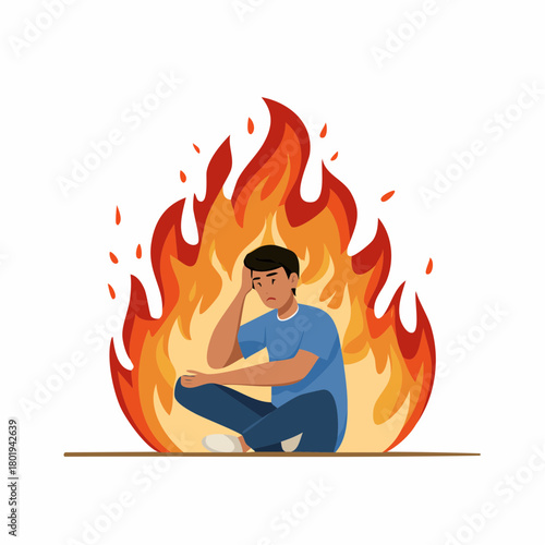 frustrated man. unsolved problem, stressful crisis, bankruptcy mistake, burning fire, mental health, help support concept