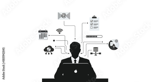Silhouette of a businessman at a computer with a network of digital data and cloud computing icons above