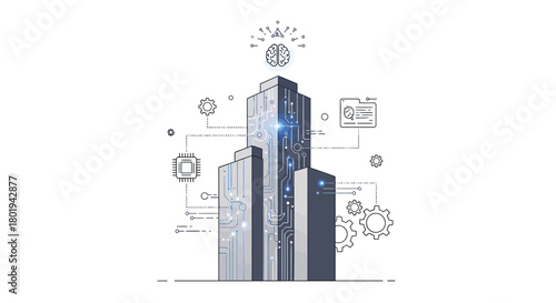 Modern skyscraper architectural blueprint with digital data streams and glowing blue light at the top