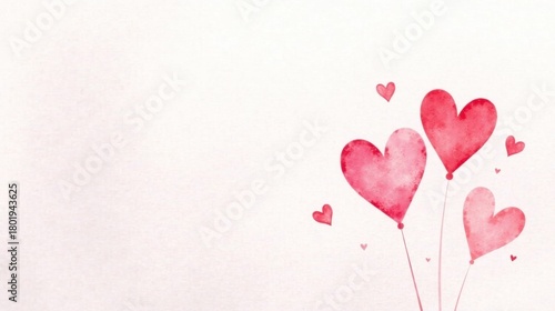 Watercolor Heart Balloons Floating on a Soft Pink Background, Perfect for Romantic Designs and Valentines Day Cards