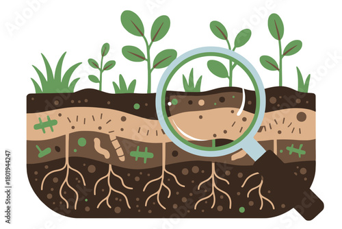 Magnifying glass examines plant roots and soil layers with microbes.