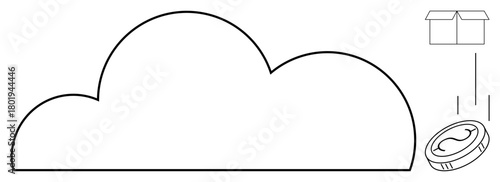 Cloud outline, coin dropping and box symbolizing savings, logistics, innovation. Ideal for technology, finance, e-commerce, investment, cloud computing digital transactions simple flat metaphor