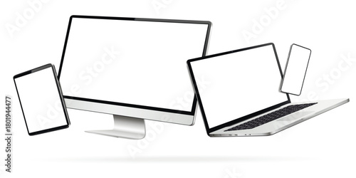 Smartphone, tablet, laptop and computer isolated with levitation effect
