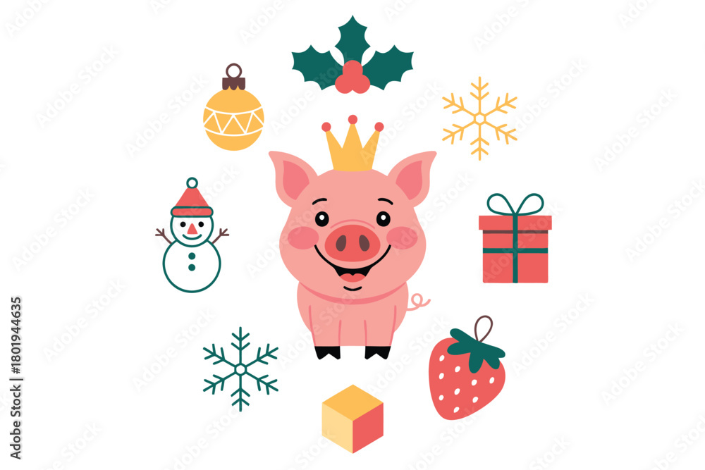 Naklejka premium A cartoon pig wearing a crown surrounded by festive Christmas and winter icons.