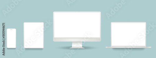 White clay digital devices set, pc screen, laptop computer, tablet and smartphone