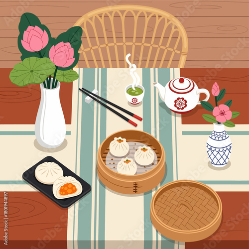 A beautifully arranged table setting in a flat vector style, capturing a peaceful Chinese tea time with steaming dim sum, hot green tea, and decorative lotus flowers