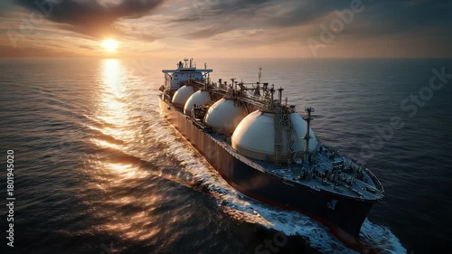 Maritime vessel moving during sunrise against glowing skyline horizon