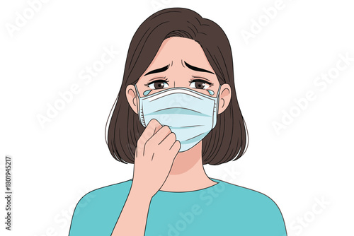 A young woman wearing a face mask cries tears of sadness and distress.