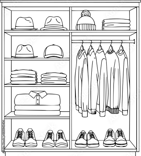 a outlined wardrobe with hats, clothes, and shoes on shelves, white background

