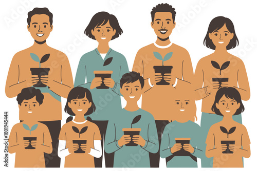 A diverse group of people, both adults and children, holding potted plants and smiling.