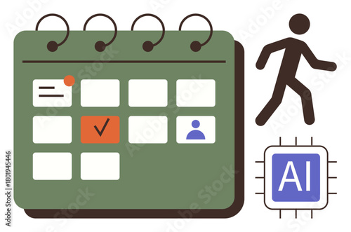 Calendar with events, human figure showing task association, AI chip representing automation. Ideal for time management, task tracking, AI integration, productivity, planning, workflow automation