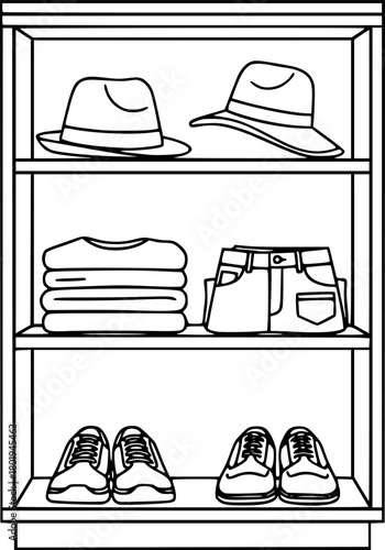 a outlined wardrobe with hats, clothes, and shoes on shelves, white background

