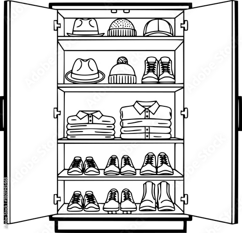 a outlined wardrobe with hats, clothes, and shoes on shelves, white background
