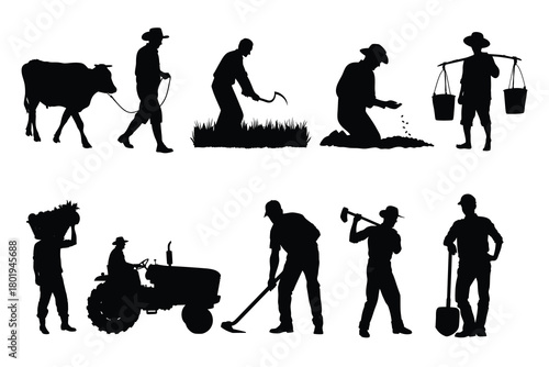 Set of Farmer and Agricultural Worker Silhouettes, Rural Life, Plowing, Planting, and Harvesting Vector 