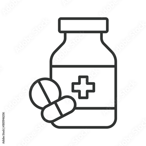 Medicine bottle with pills icon in line design. medicine bottle, pills beside bottle on white background vector. Medicine bottle with pills editable stroke icon