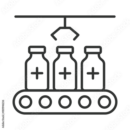 Medicine production line icon in line design. conveyor with bottles, automated filling on white background vector. Medicine production line editable stroke icon