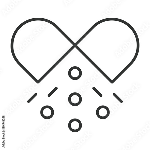 Pills icon in line design. heart capsule, falling tablets on white background vector. Pills editable stroke icon