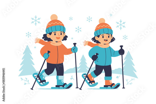 Two children in winter clothing are snowshoeing through a snowy forest.