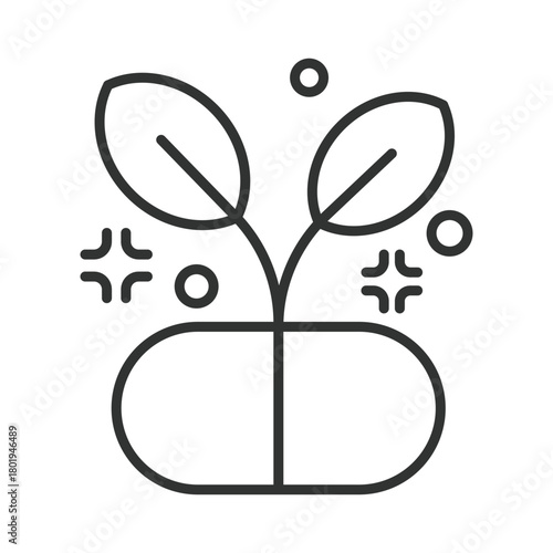Herbal vitamin capsule icon in line design. plant growing from capsule, herbal supplement on white background vector. Herbal vitamin capsule editable stroke icon