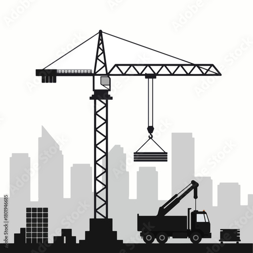 Construction crane lifting heavy load with truck and buildings silhouette.