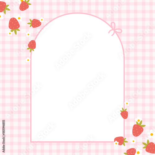 Cute kawaii arch template square vector frame with strawberries. Cartoon hand-drawn doodle style. for stationery, design stickers for notes, notebook sheets, posts for social networks. Pastel palette.
