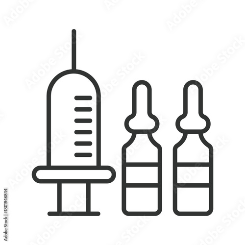 Injection vials icon in line design. syringe with ampoules, injectable dose on white background vector. Injection vials editable stroke icon