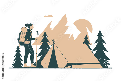 A woman with a backpack and hiking poles stands near a tent and pine trees with mountains in the background.
