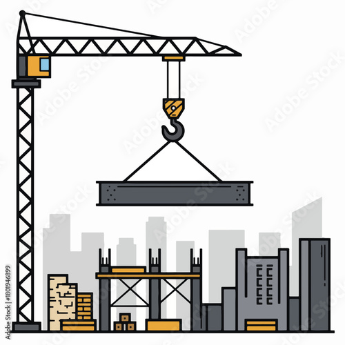 Large construction crane lifting heavy beam at building site.