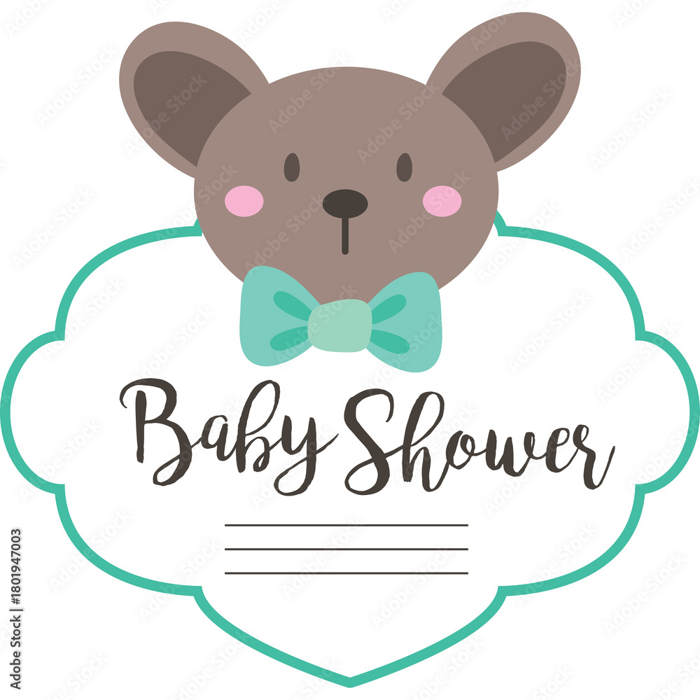 Obraz premium Cute Teddy Bear With Teal Bow Tie And Baby Shower Text On Translucent Cloud Border With Teal Outline On White Background
