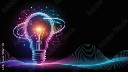 Glowing light bulb with futuristic circuit connections and vibrant neon waves on dark background