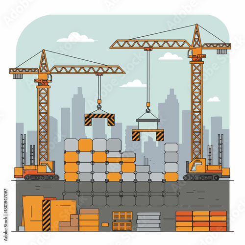 Two large construction cranes lifting and stacking building materials.