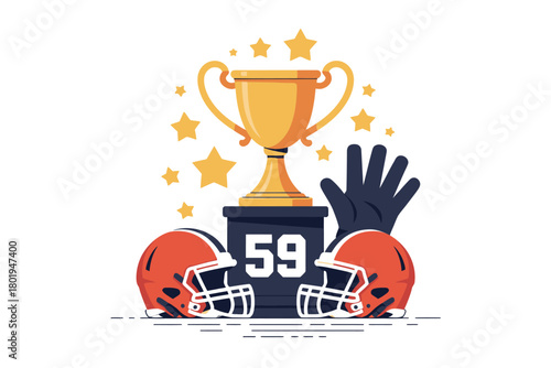 A golden trophy sits behind a football helmet and a numbered scoreboard.
