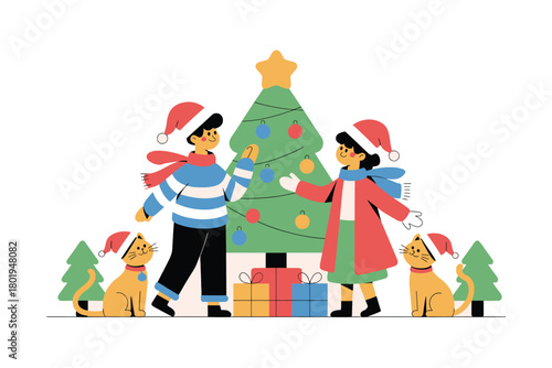 Children and pets decorate a Christmas tree with presents underneath.