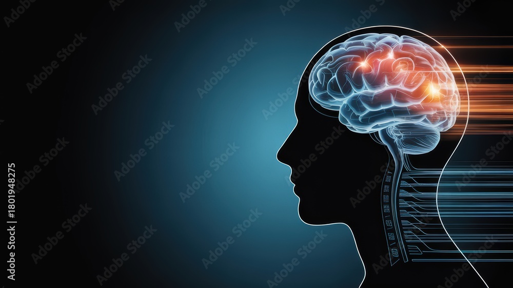 Obraz premium Human brain silhouette with glowing neural activity and data streams symbolizing thought