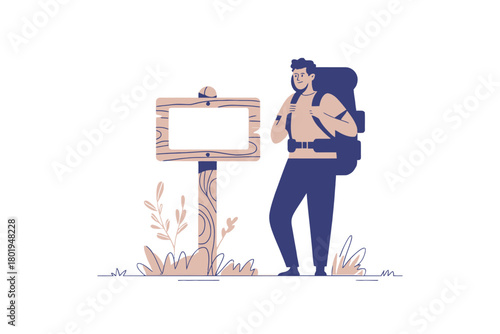 A backpacker stands next to a blank wooden signpost in a natural setting.