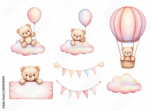 Nursery watercolor birthday teddy bear with balloons. Baby birthday watercolor bear and cloud elements for kids.
