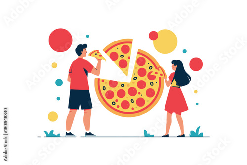 A couple shares a large pizza, taking slices and enjoying a meal together.