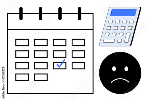 Calendar with marked date, calculator, frowning face evoke financial stress and deadlines. Ideal for planning, tax season, deadlines, budgeting, finance, payment reminders simple flat metaphor