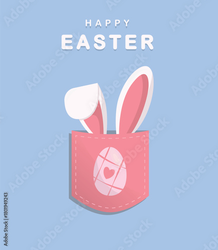 Easter banner white bunny ears in a pink pocket with a pink egg stickers