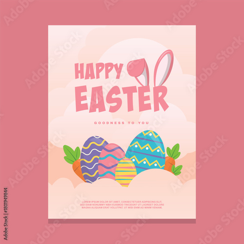 Easter banner with pink bunny ears and eggs in a pink background