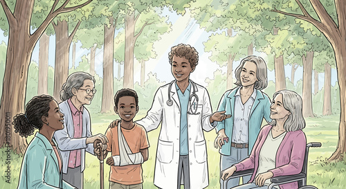 Caring female doctor with a diverse group of patients in a sunny park illustration.